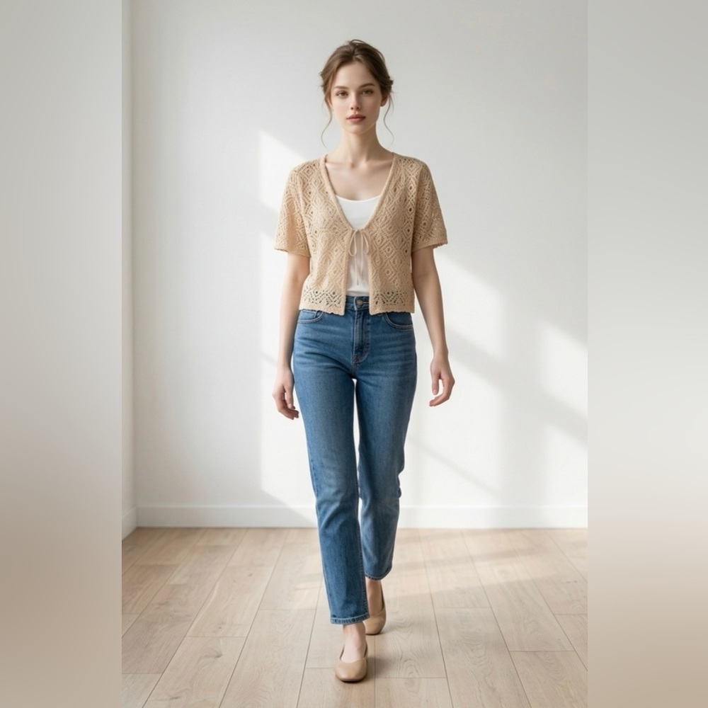Crochet Tie-Front Short Cardigan in Beige - Picture 3 of 7
